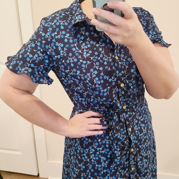 Sharagano Blue Floral Button Front Ruffle Sleeve Midi Dress - Picture 2 of 8